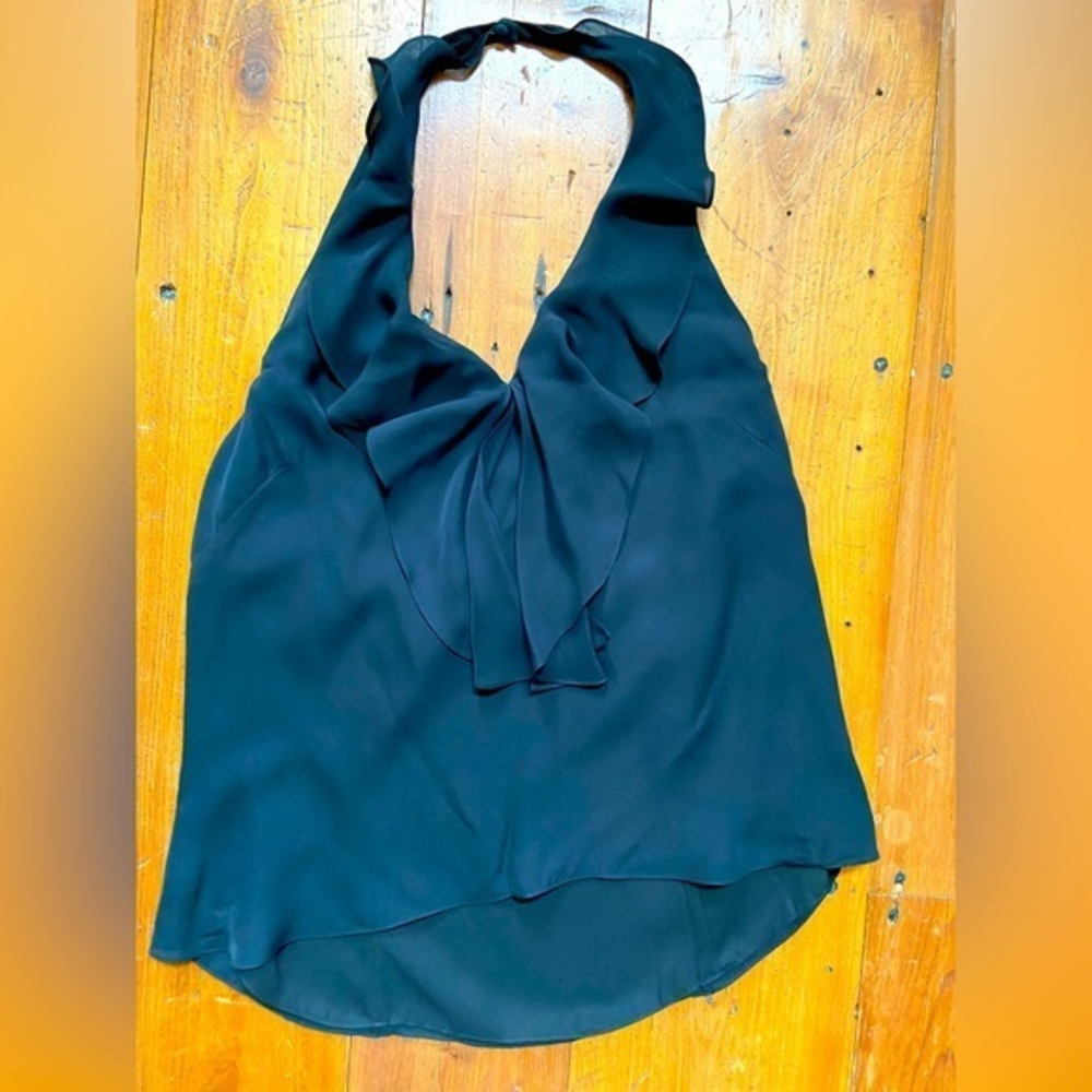 Ellen Tracey, halter top, 100%‎ silk, ruffle, backless, sz 16